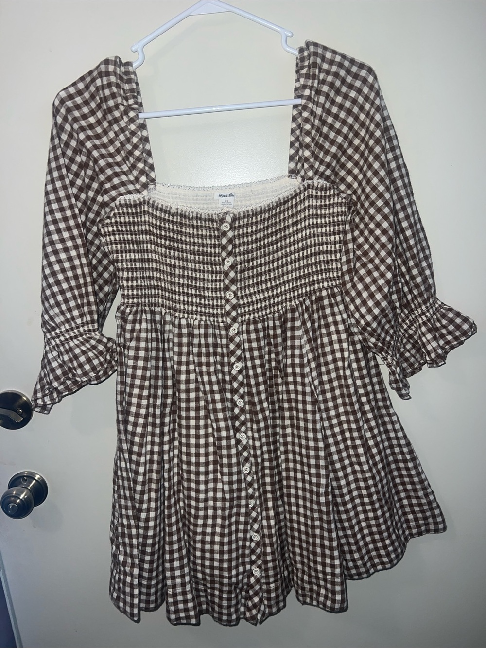 Kimchi Blue Brown and Cream Gingham Smocked Dress